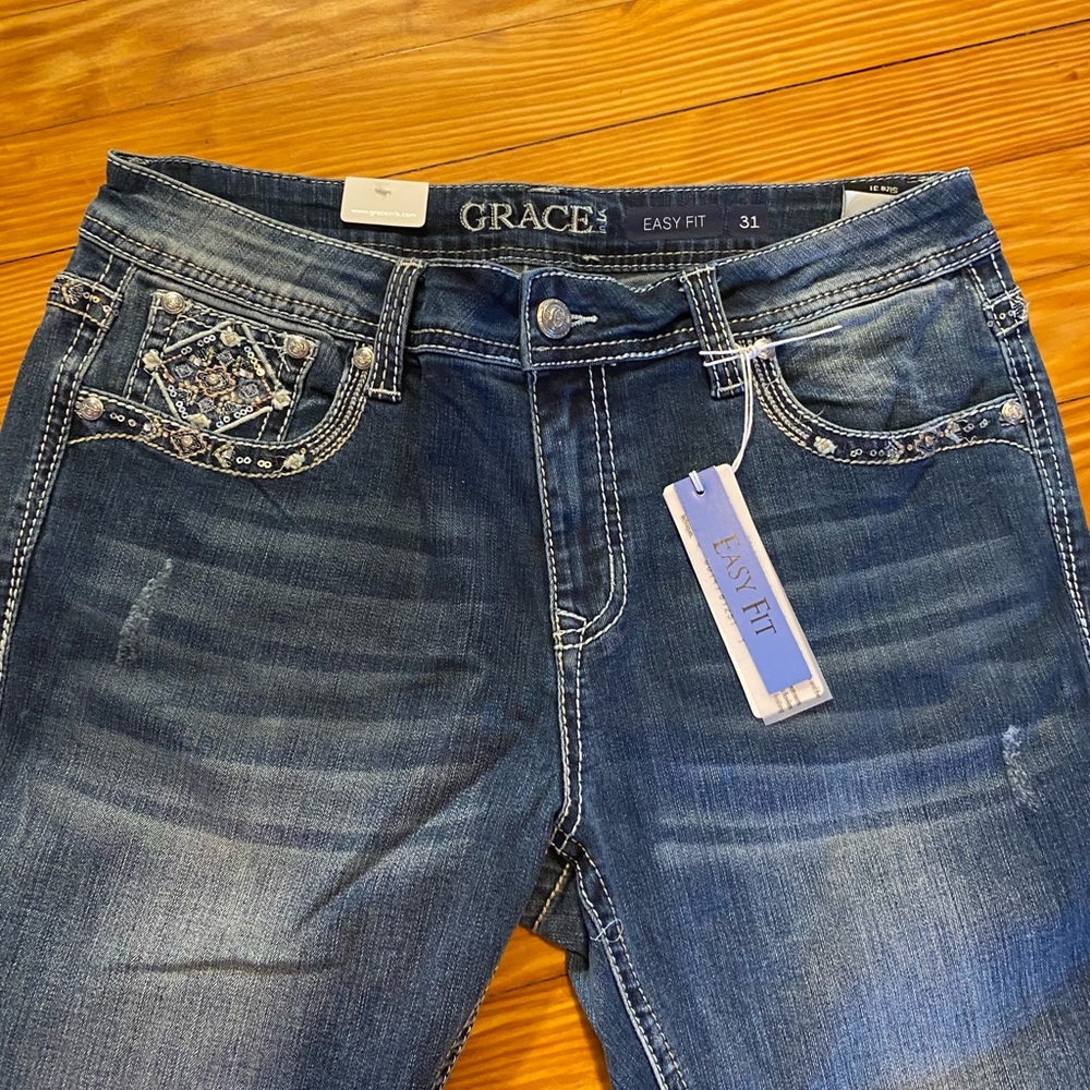 NWT Grace Womens Cropped Leg Jeans Blue Stretch Embellished Denim Whiskered